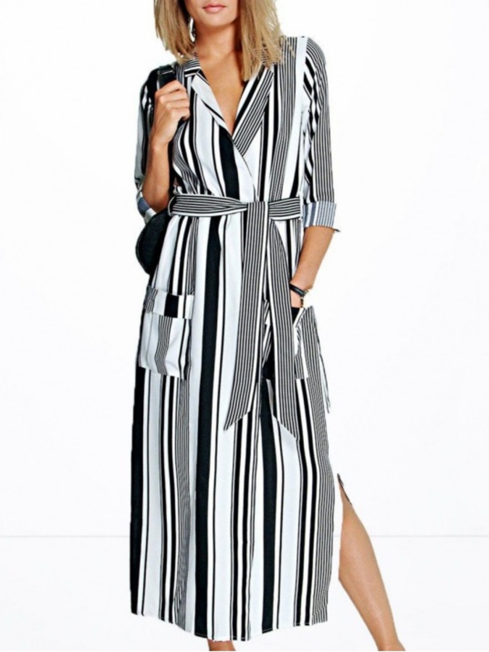 Boohoo Black White Striped Wrap Maxi Shirt Dress US 10 Belted Pockets